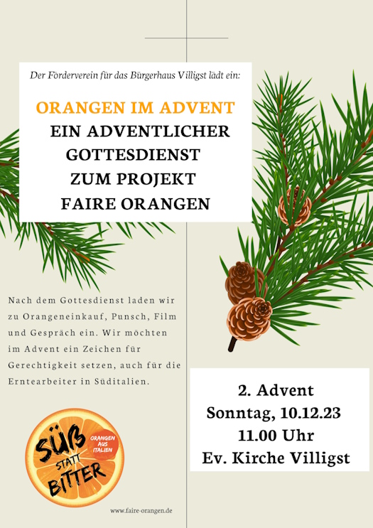 Adventlicher Gottesdienst zum Projekt faire Orangen in der Kirche und anschließend Orangenverkauf und Weihnachtsbasar im Bürgerhaus.